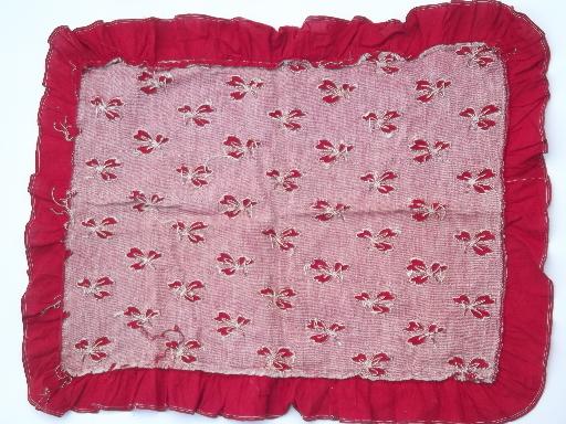 antique turkey red linen pillow cover, white clover on red fabric