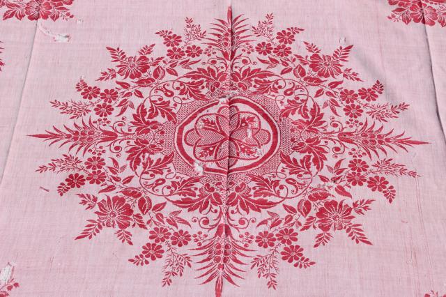 antique turkey red & white linen damask tablecloths, shabby vintage fabric for cutters