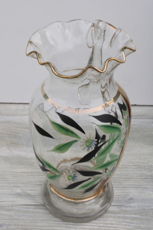 antique turn of the century vintage glass pitcher w/ hand painted enamel, Victorian style