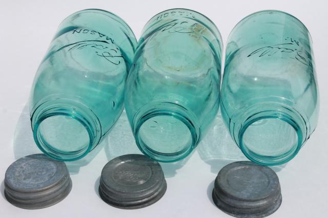 antique vintage 2 quart blue glass Ball mason jars, 3 fruit jar kitchen canisters