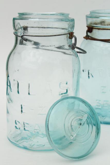 antique vintage Atlas glass canning jars, wire bail lid blue glass jars