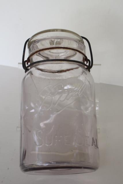 antique vintage Ball Sure Seal clear glass quart canning jar w/ glass lid