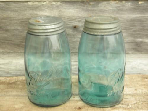 antique vintage Ball sloped shoulder blue fruit jars w/wrinkled glass