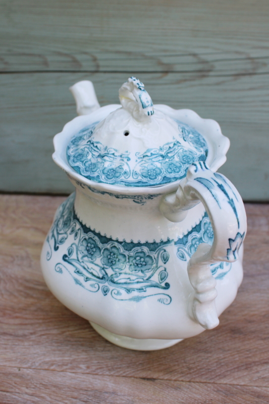 antique vintage English ironstone teapot, Glenwood floral aqua blue green transferware china