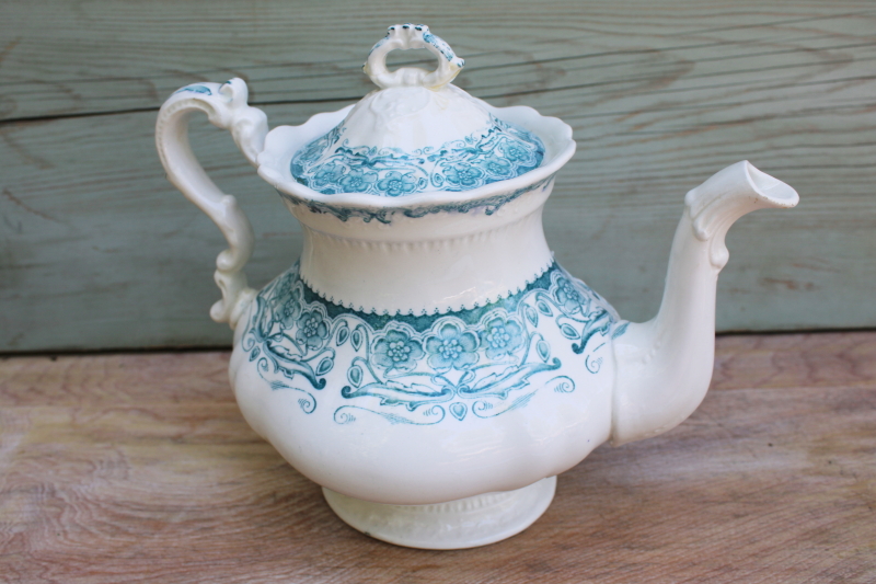 antique vintage English ironstone teapot, Glenwood floral aqua blue green transferware china