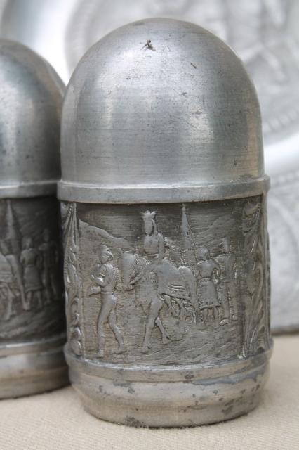 antique vintage European pewter charger plate & shakers w/ historical figures