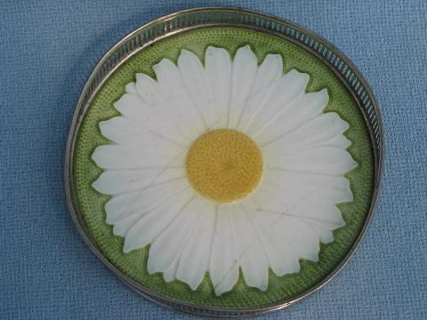 antique vintage German majolica daisy china plate w/ nickel silver tray rim