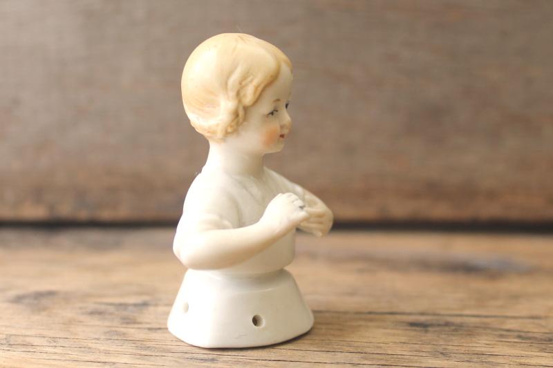 antique vintage Germany china half doll for pincushion, girl w/ blonde braids