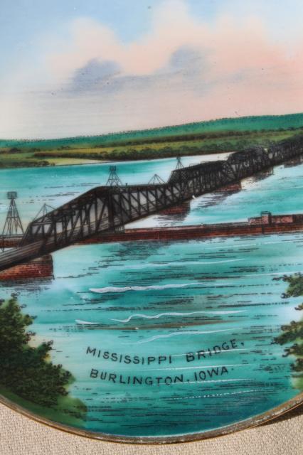 antique vintage Germany hand-painted souvenir plate, Burlington Iowa Mississippi river bridge