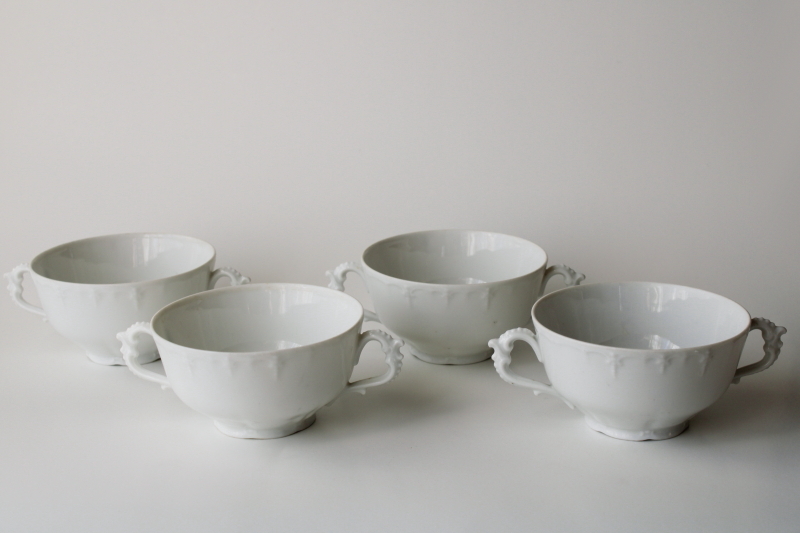 antique vintage Habsburg china cream soup bowls, double handled cups pure white porcelain