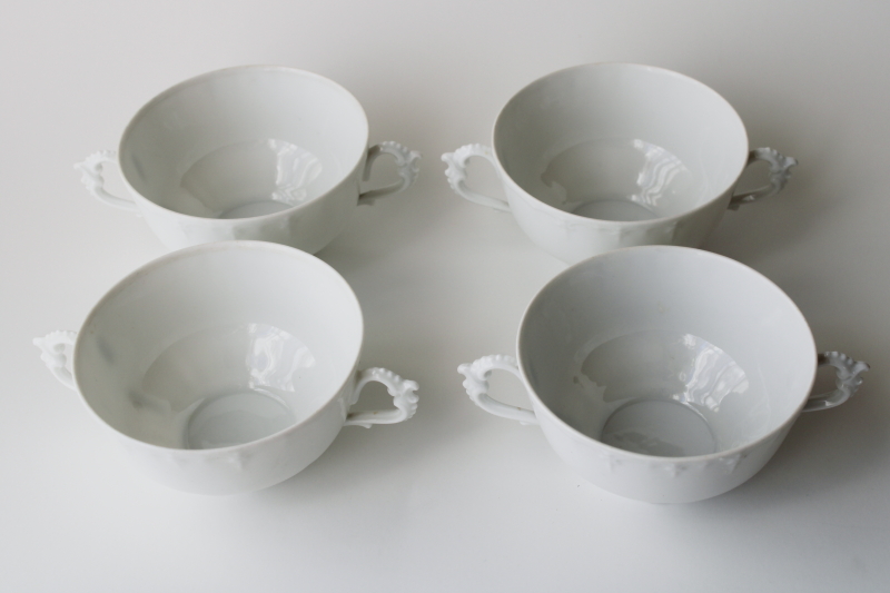 antique vintage Habsburg china cream soup bowls, double handled cups pure white porcelain