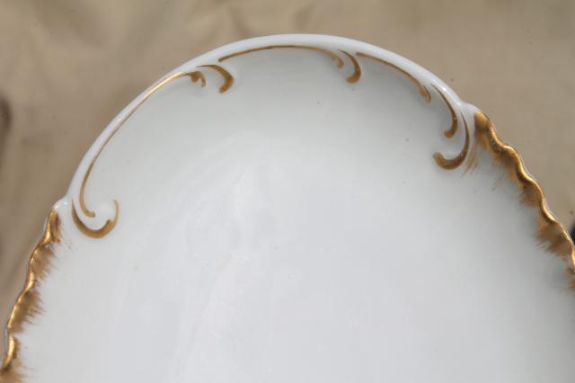 antique vintage Limoges china oval plates or side dishes, french gold & white porcelain bowls