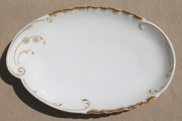 antique vintage Limoges china oval plates or side dishes, french gold & white porcelain bowls