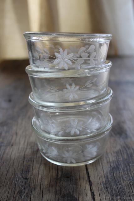 antique vintage Pyrex ramekins, tiny glass custard cup dishes w/ wheel cut flowers