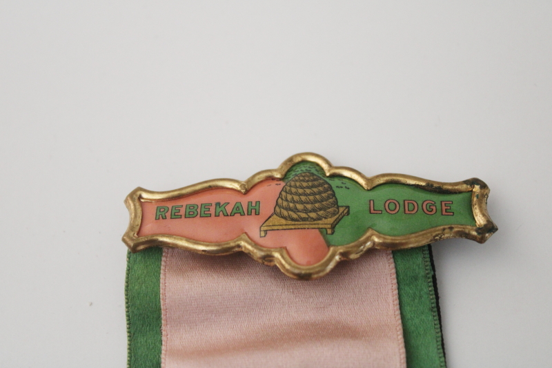 antique vintage Rebekah Lodge Odd Fellows IOOF ribbon w/ pin badges  gold metal fringe