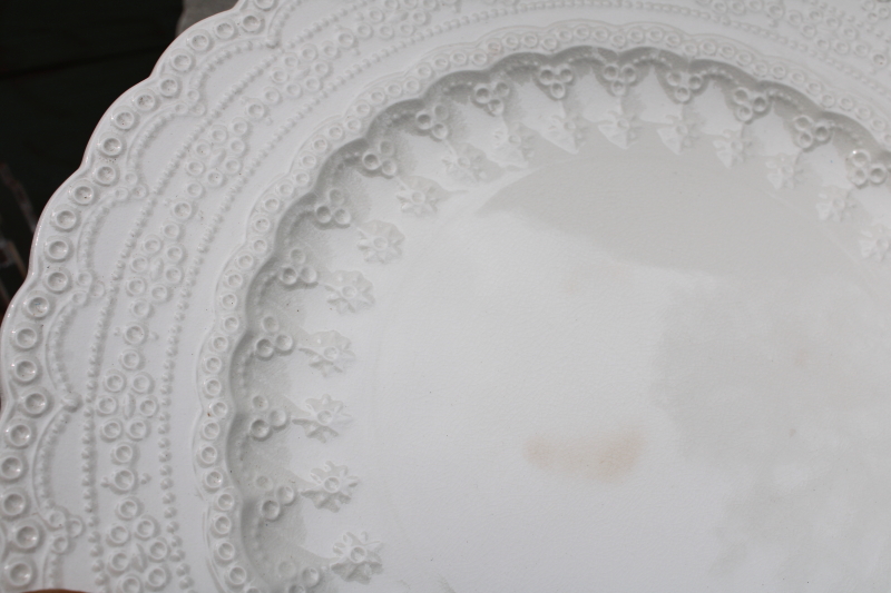 antique vintage Spode Jewel plates w/ embossed lace border, plain creamware white china