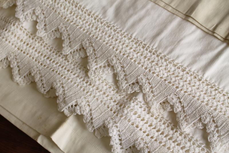 antique vintage all white cotton pillowcases & bed sheet w/ embroidery, handmade lace