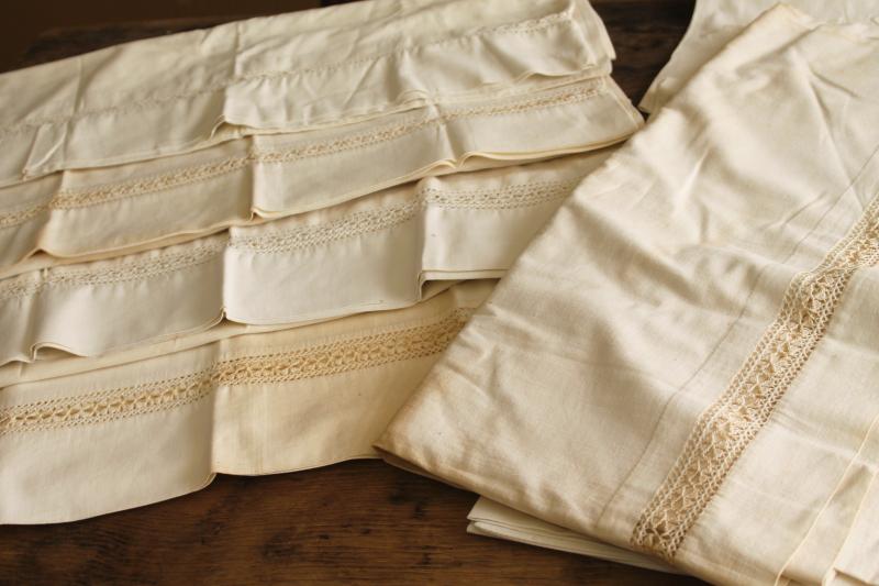 antique vintage all white cotton pillowcases & bed sheet w/ embroidery, handmade lace