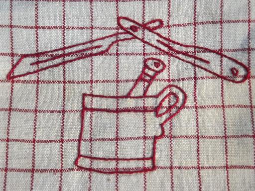 antique vintage barber shop shaving towels, redwork cotton embroidery