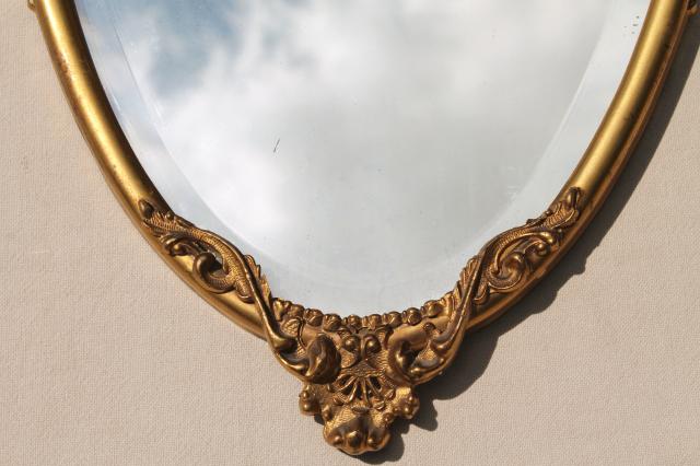 antique vintage beveled glass mirror w/ ornate old gold metal oval frame
