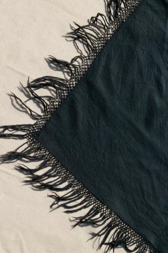 antique vintage black wool shawl, mourning dress shawl w/ long knotted ...