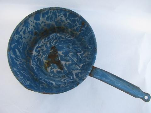 antique vintage blue & white marble swirl graniteware enamel, large pan w/ handle