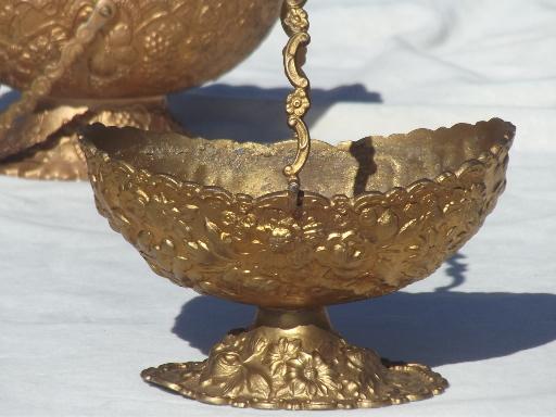 antique vintage bon bon dishes, ornate metal server baskets w/ old gold finish