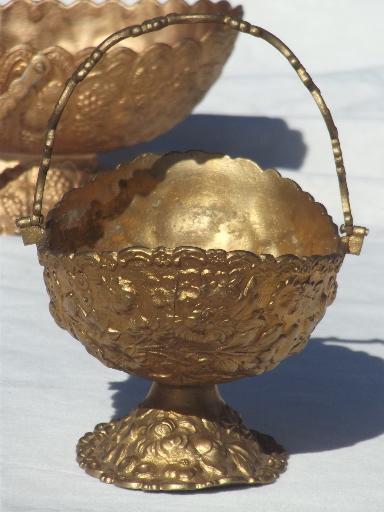 antique vintage bon bon dishes, ornate metal server baskets w/ old gold finish