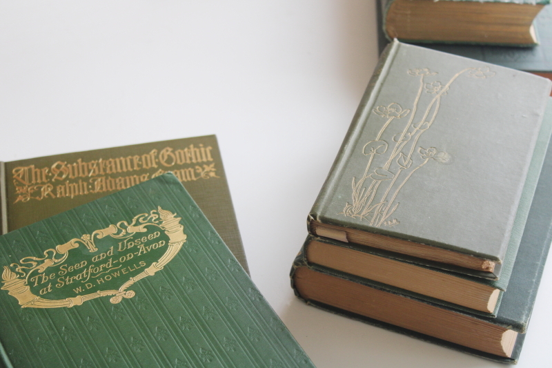 antique vintage books lot, green covers w/ ornate gold, wonderful titles for display