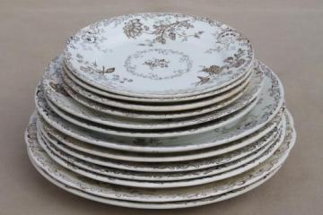 antique vintage brown transferware china plates, Chelsea pattern English Staffordshire