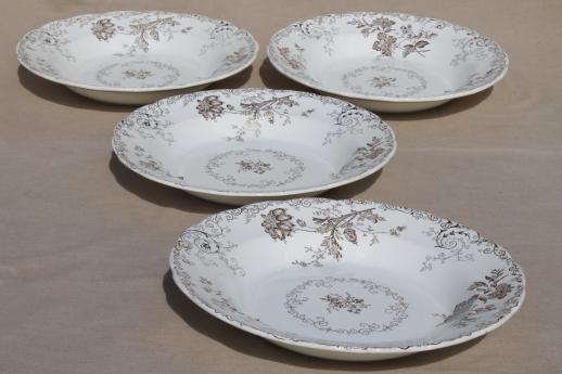 antique vintage brown transferware china plates & bowls, Chelsea pattern English Staffordshire