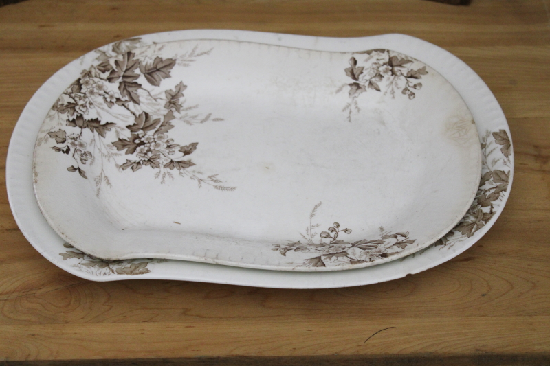 antique vintage brown transferware, stained white ironstone china platters, Columbia pattern England