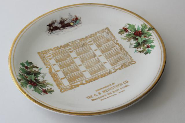 antique vintage calendar plate, Christmas w/ Santa 1907 Brandon Wisconsin Weinstock store