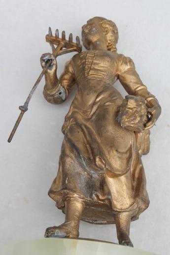 antique vintage cast metal lamp figure, french garden girl spelter statue w/ shabby gold