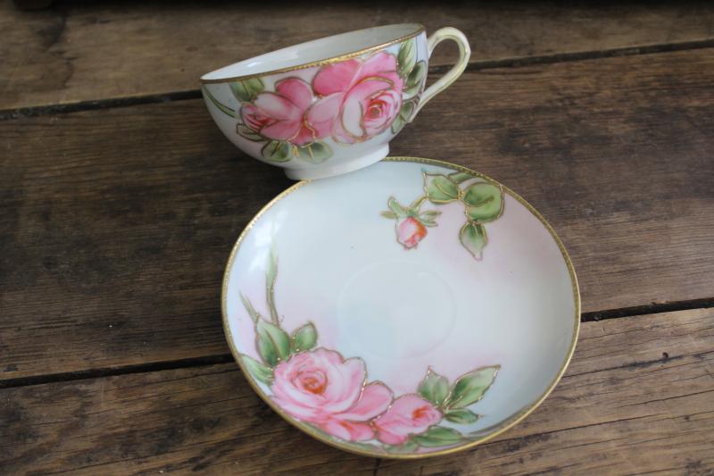 antique vintage china cup & saucer, hand painted Nippon rose w/ gold moriage