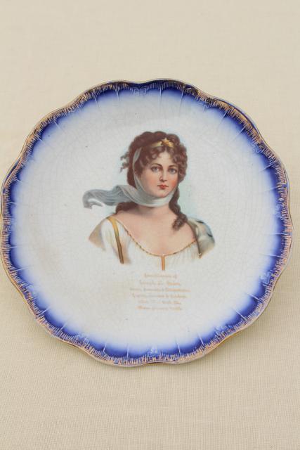 antique vintage china plate, flow blue border w/ portrait of a lady circa 1890s