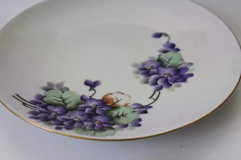 antique vintage china plates all hand painted violets, collection of mismatched floral dishes