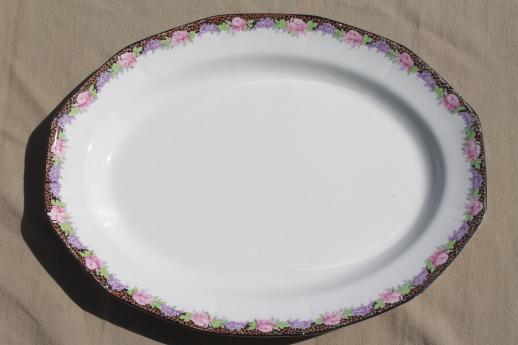 antique vintage china platter or tray, black border pattern w/ lilacs & peonies floral