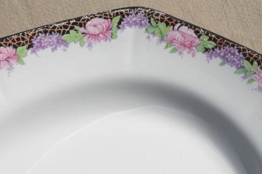 antique vintage china platter or tray, black border pattern w/ lilacs & peonies floral