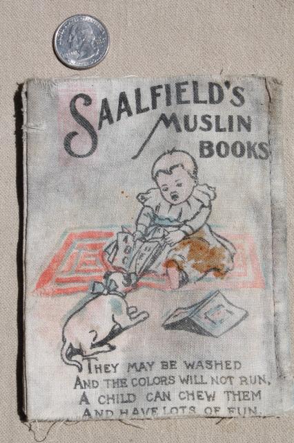 antique vintage cloth book Baby's Pets w/ animal illustrations, Saalfield's muslin book