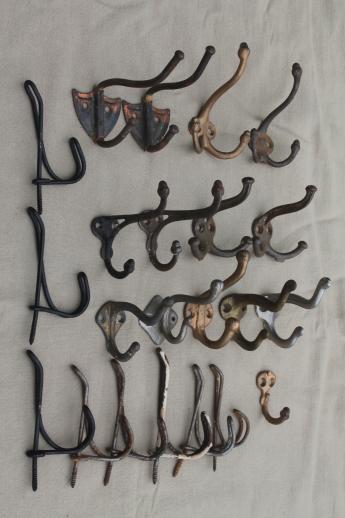 antique & vintage coat hooks, lot of 22 assorted old wall hooks triple  hooks w/ acorn finials