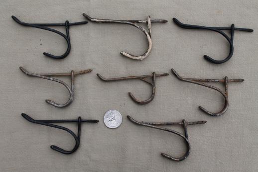antique & vintage coat hooks, lot of 22 assorted old wall hooks triple hooks  w/ acorn