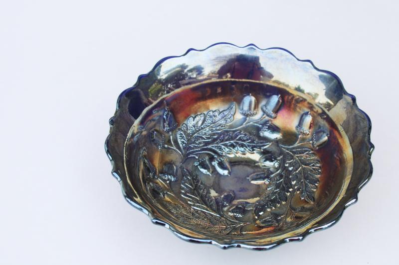 antique vintage cobalt blue carnival glass bowl, oak leaf and acorn