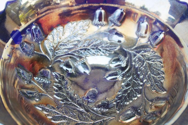 antique vintage cobalt blue carnival glass bowl, oak leaf and acorn