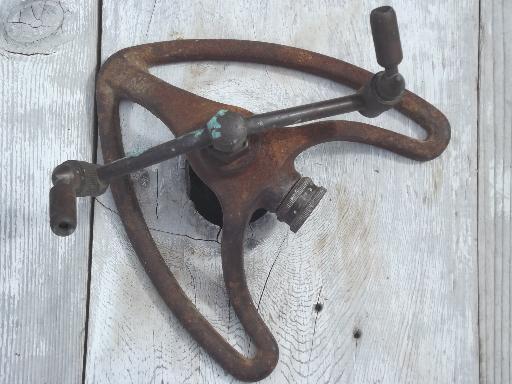 antique vintage copper lawn sprinkler w/ art deco cast iron stand
