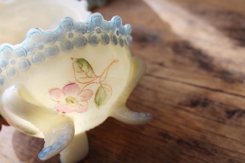 antique vintage custard glass flower bowls Vermont pattern forget me not hand painted roses