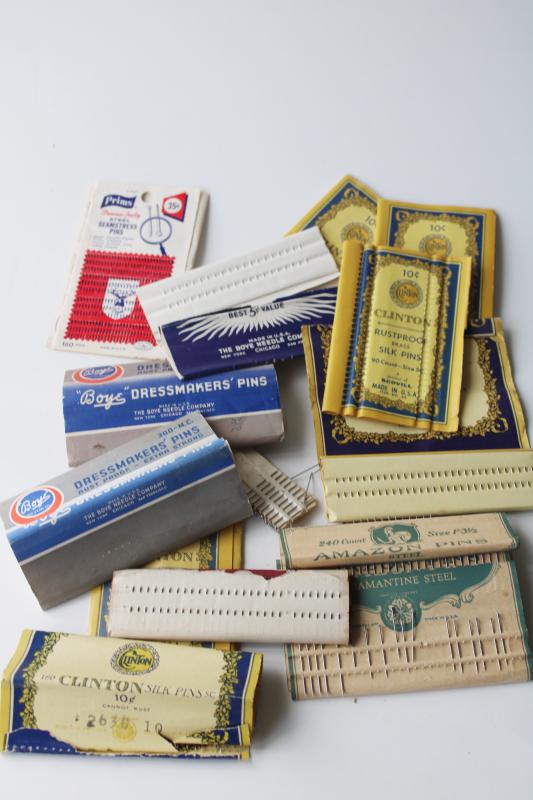 antique & vintage dressmaker pins, old advertising sewing notions counter packages
