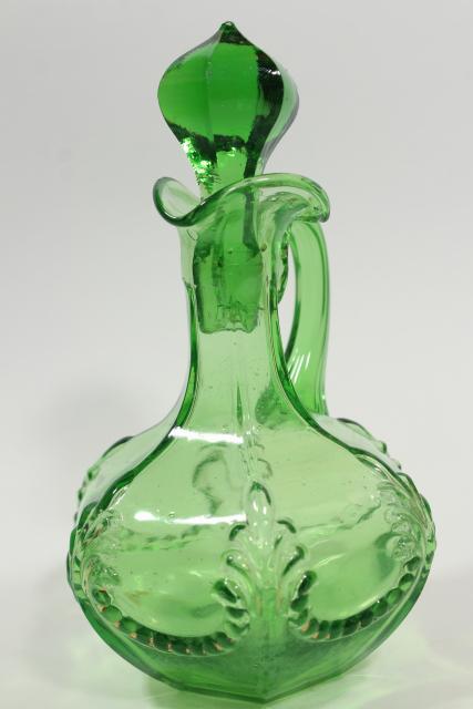 antique vintage emerald green glass cruet, EAPG acanthus leaf pattern pressed glass