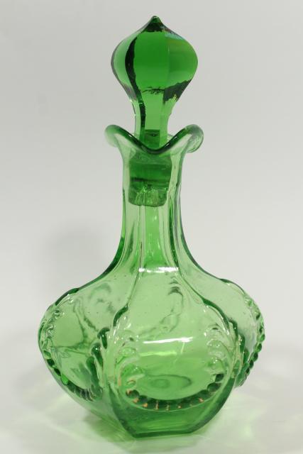 antique vintage emerald green glass cruet, EAPG acanthus leaf pattern pressed glass