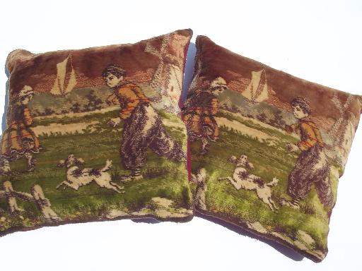 antique vintage flemish cotton plush velvet tapestry pillows, boy w/ dog
